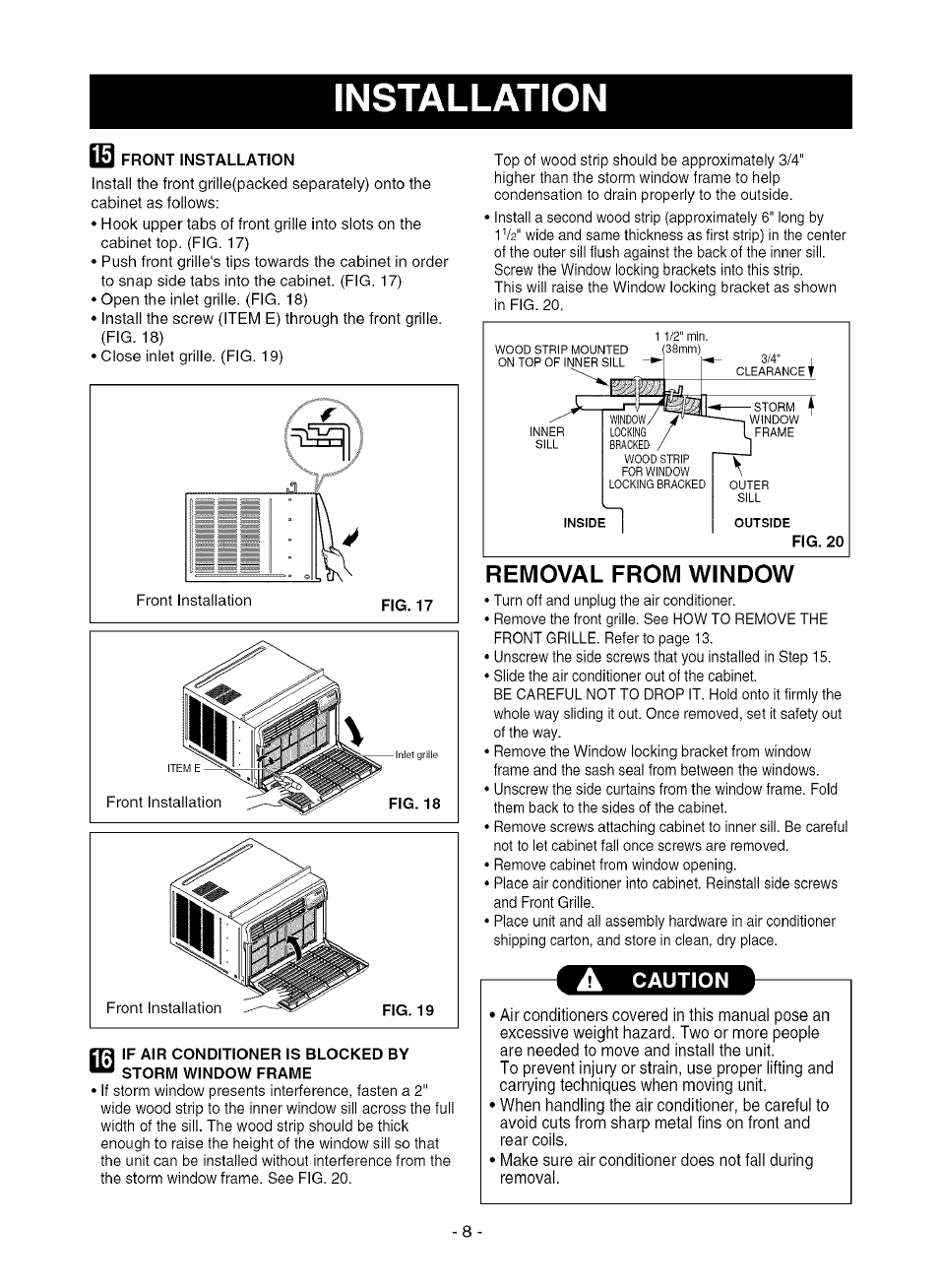 Removal from window, A caution, Installation | Kenmore 580.75281 User Manual | Page 8 / 32