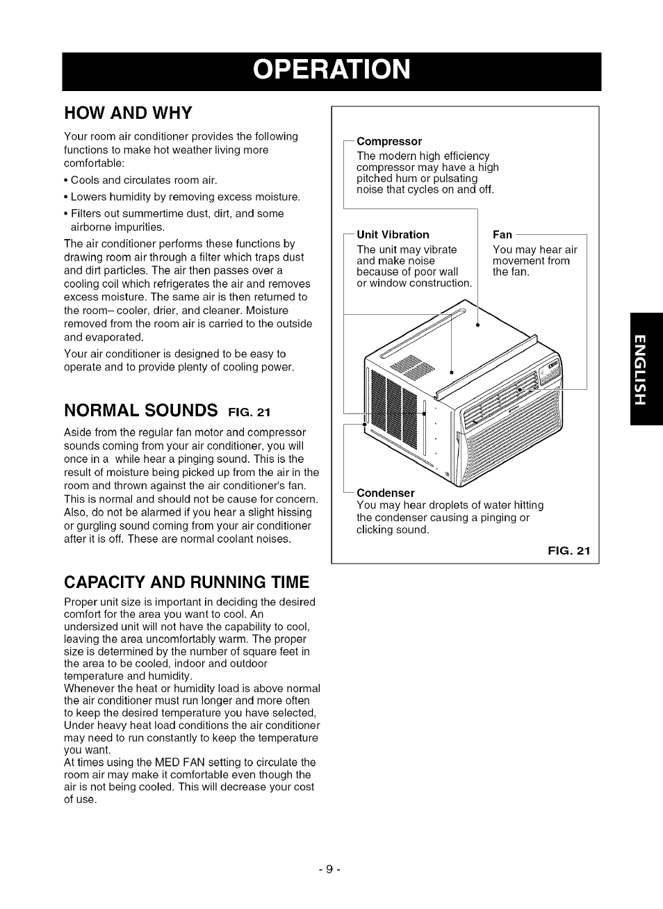How and why, Normal sounds fig. 21, Capacity and running time | Operation, Normal sounds | Kenmore 580.75281 User Manual | Page 9 / 32