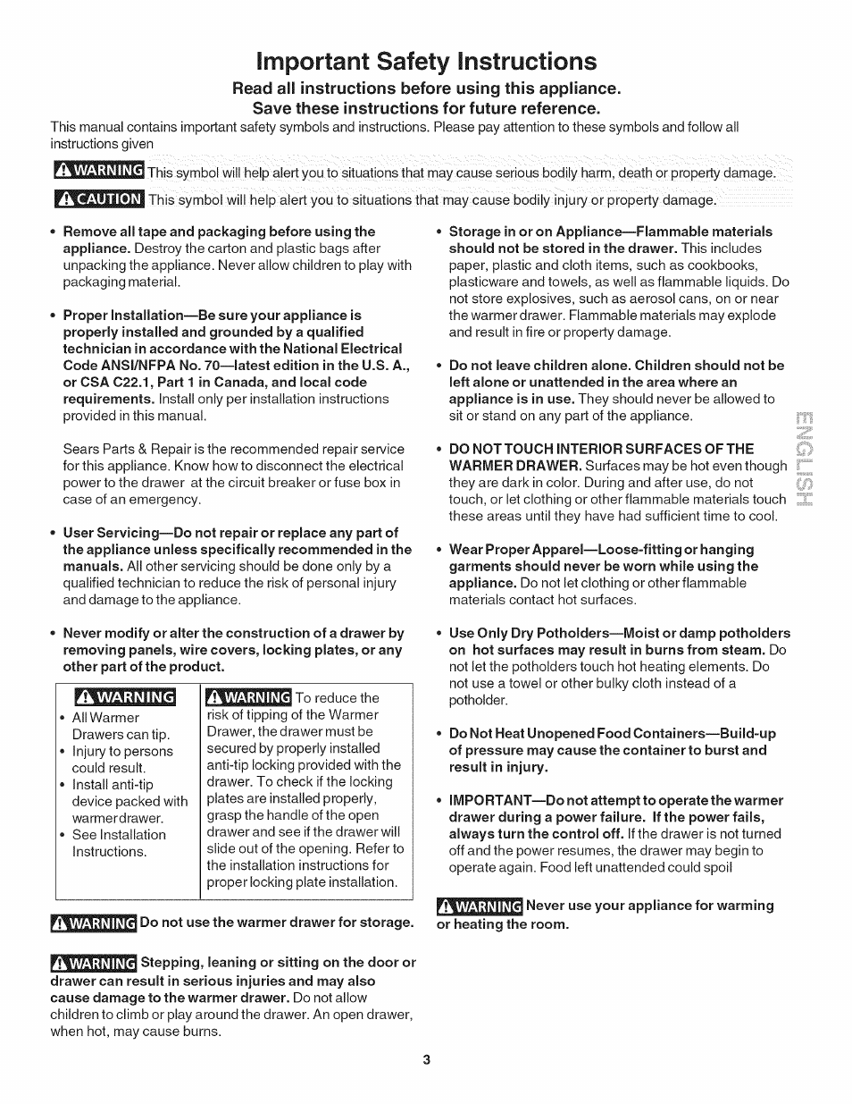 Important safety instructions, Do not use the warmer drawer for storage, Never use your appliance for warming | Stepping, leaning or sitting on the door or, Ik warning, Warning | Kenmore 790.4918 User Manual | Page 3 / 10