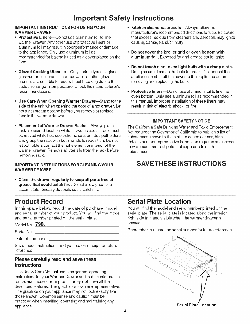Important safety instructions, Warmer drawer, Important instructions for cleaning your | Important safety notice, Please carefully read and save these instructions, Savethese instructions, Product record, Serial plate location | Kenmore 790.4918 User Manual | Page 4 / 10