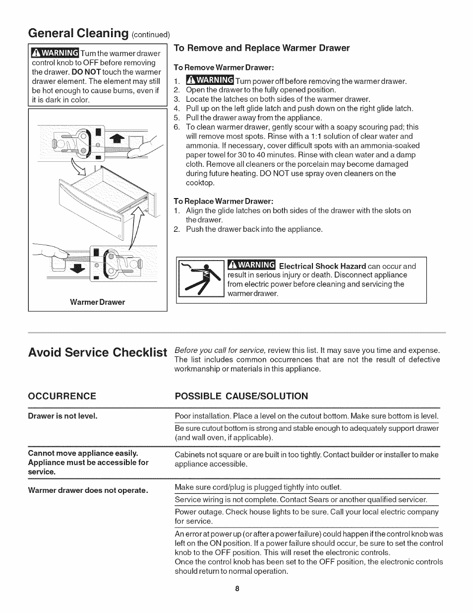 To remove and replace warmer drawer, To remove warmer drawer, To replace warmer drawer | Generai cleaning, Avoid service checklist, Ik warning, Warning | Kenmore 790.4918 User Manual | Page 8 / 10