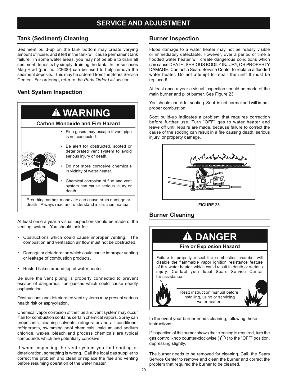 Service and adjustment, Tank (sediment) cleaning, Vent system inspection | Burner inspection, Burner cleaning | Kenmore 153.33453 User Manual | Page 20 / 32