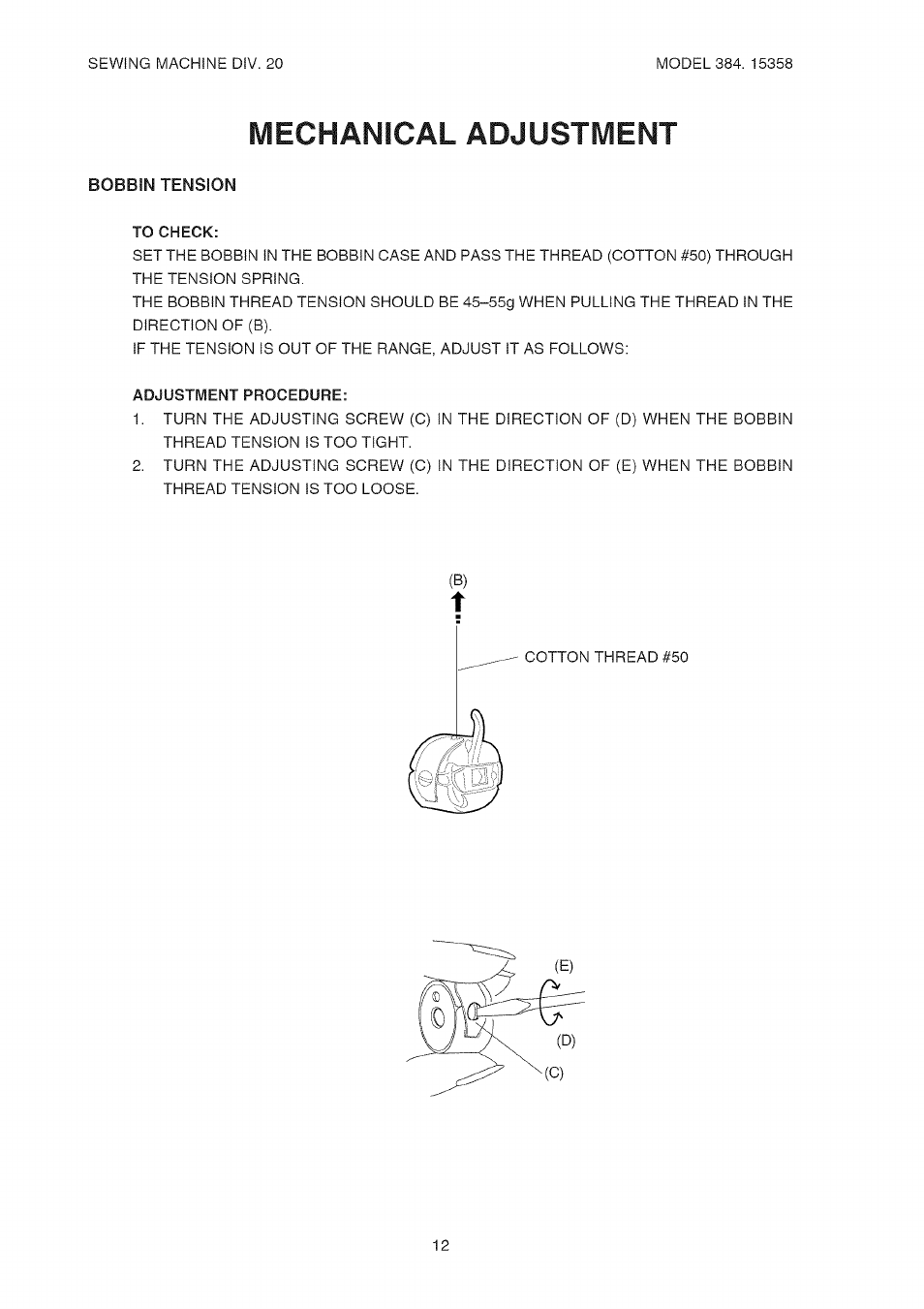 Adjustment procedure, Mechanical adjustment | Kenmore 385.15358 User Manual | Page 14 / 32