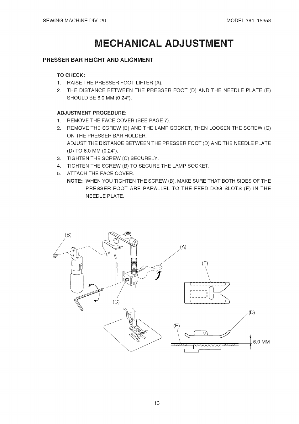 Adjustment procedure, Mechanical adjustment | Kenmore 385.15358 User Manual | Page 15 / 32