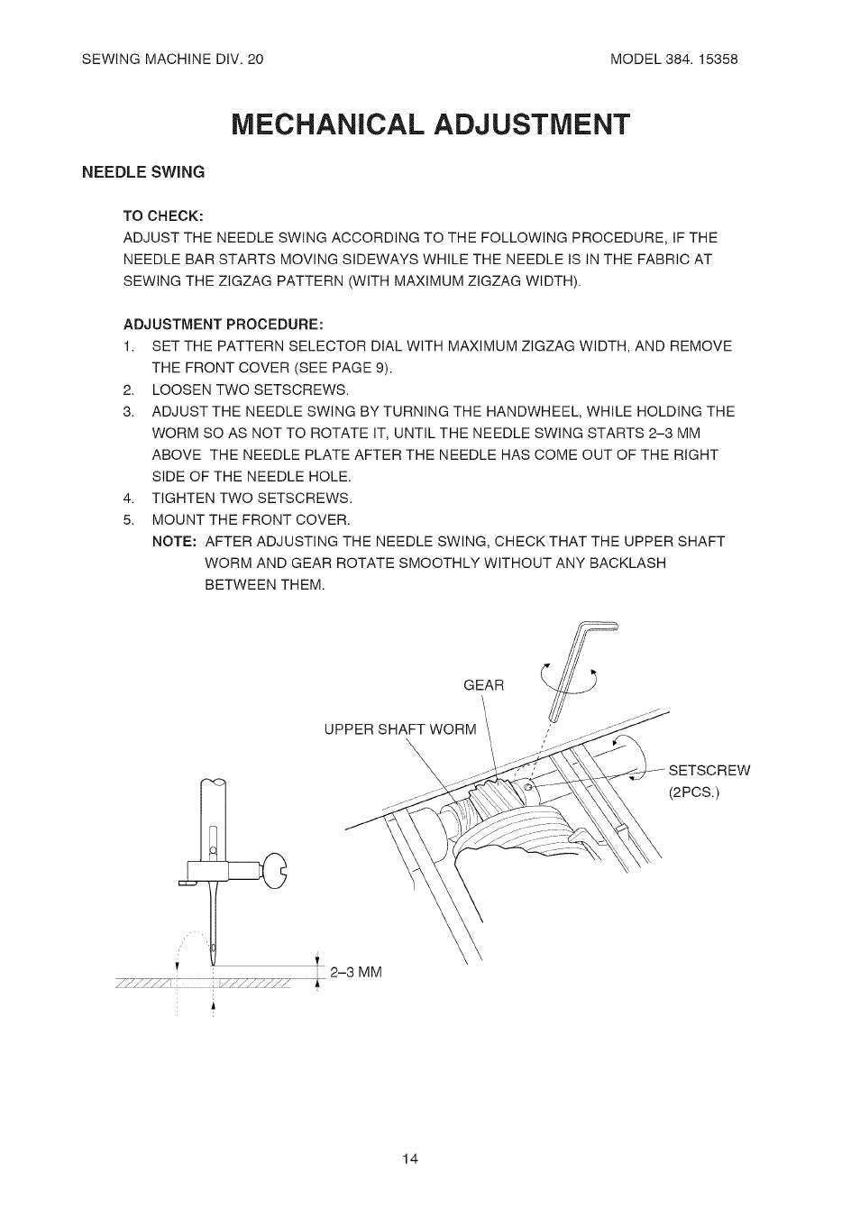 Needle swing, Adjustment procedure, Mechanical adjustment | Kenmore 385.15358 User Manual | Page 16 / 32