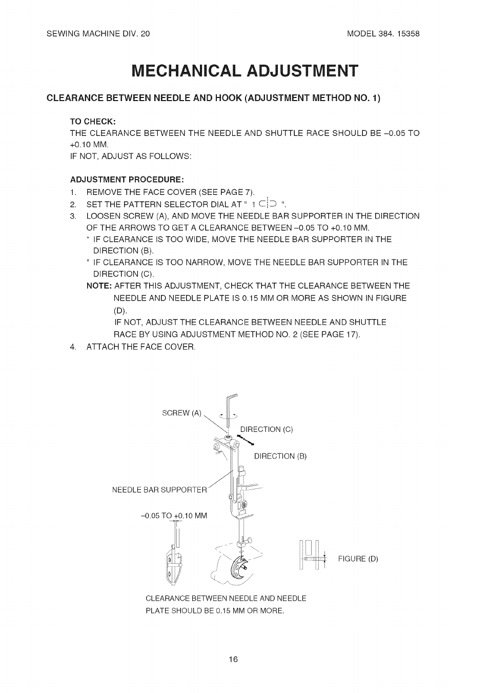 To check, Adjustment procedure, Mechanical adjustment | Kenmore 385.15358 User Manual | Page 18 / 32