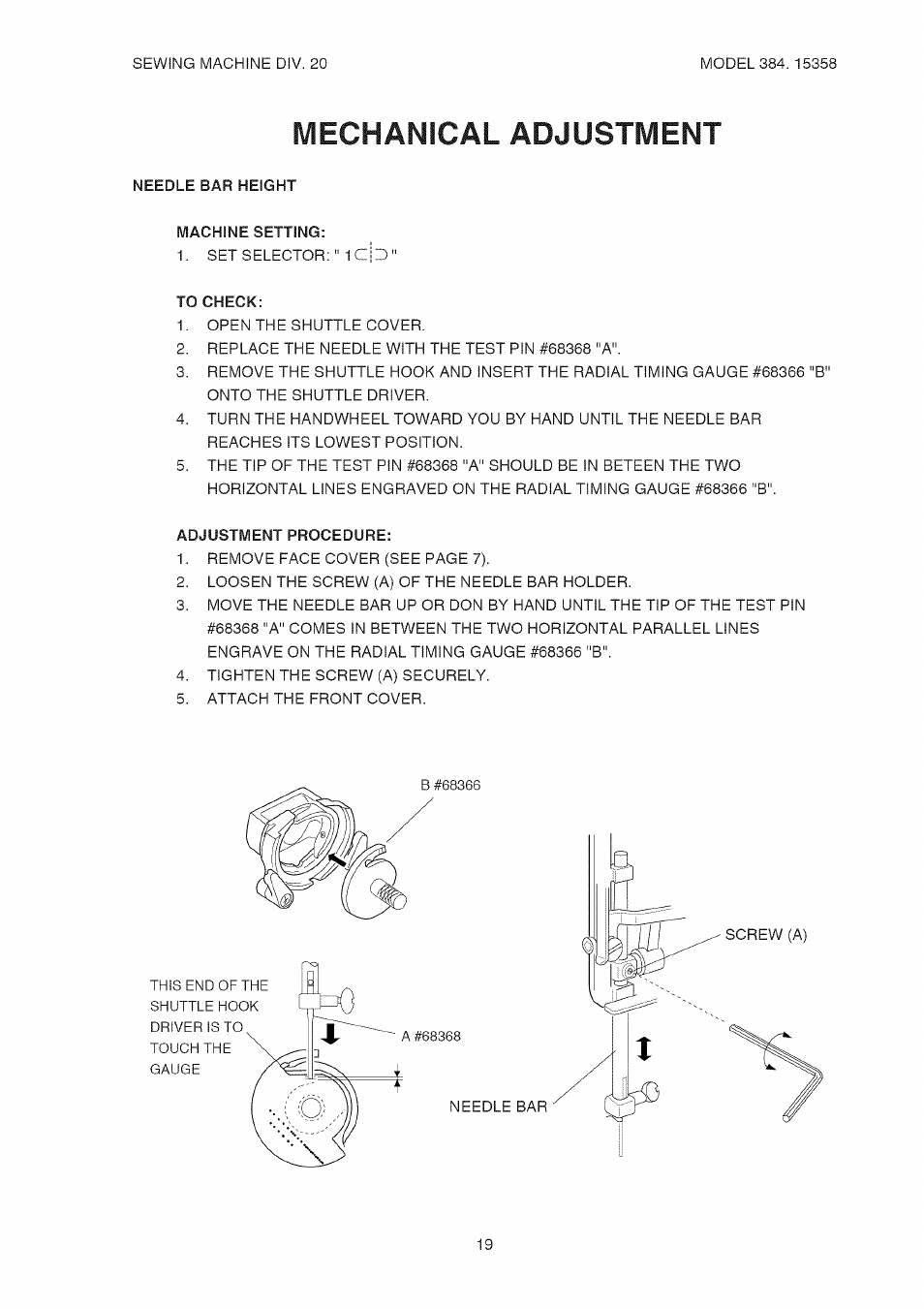 To check, Adjustment procedure, Mechanical adjustment | Kenmore 385.15358 User Manual | Page 21 / 32