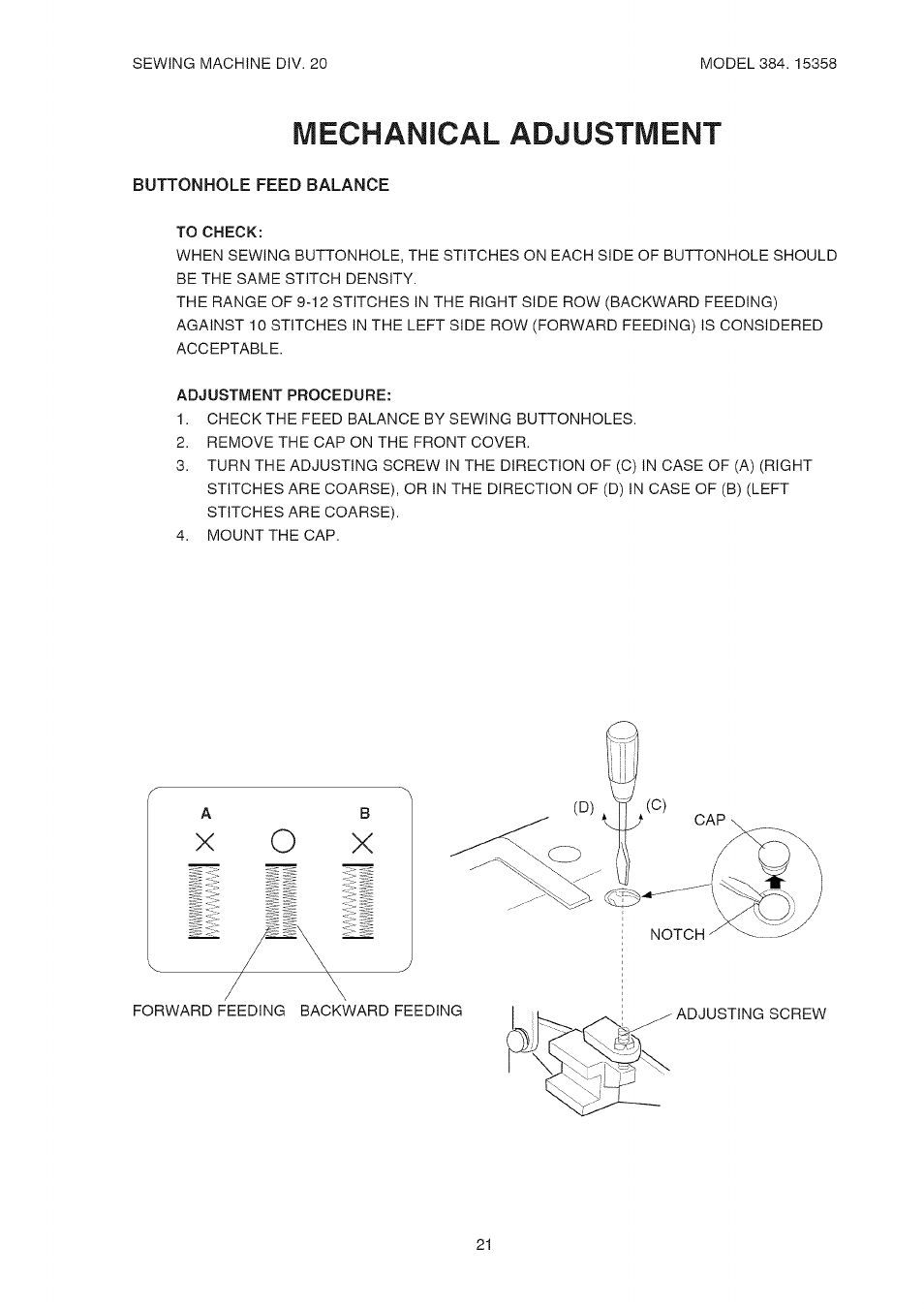 Buttonhole feed balance, To check, Adjustment procedure | Mechanical adjustment | Kenmore 385.15358 User Manual | Page 23 / 32