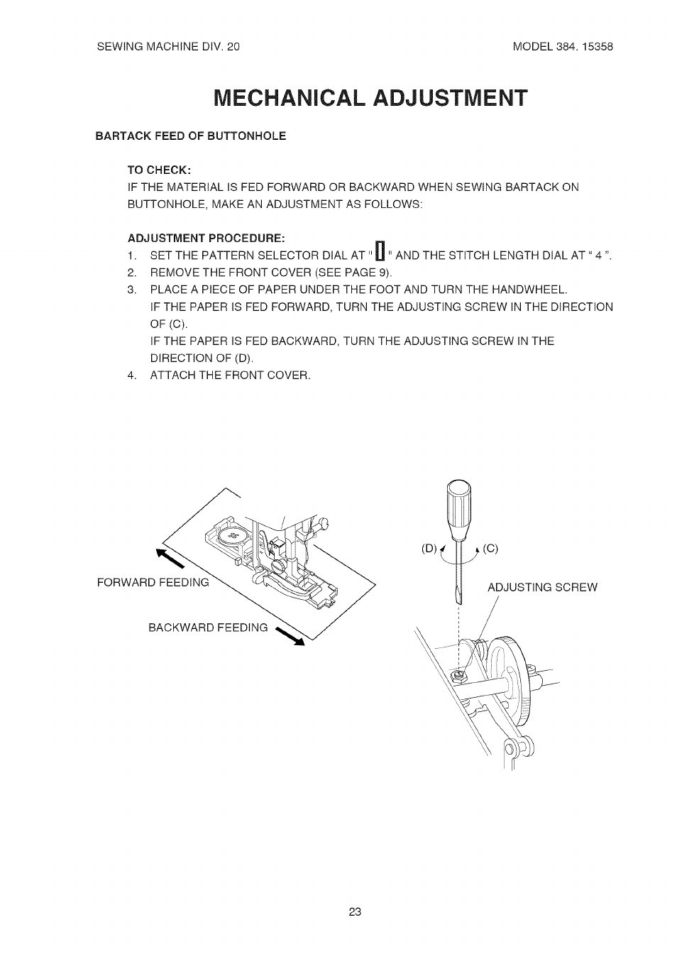 Adjustment procedure, Mechanical adjustment | Kenmore 385.15358 User Manual | Page 25 / 32