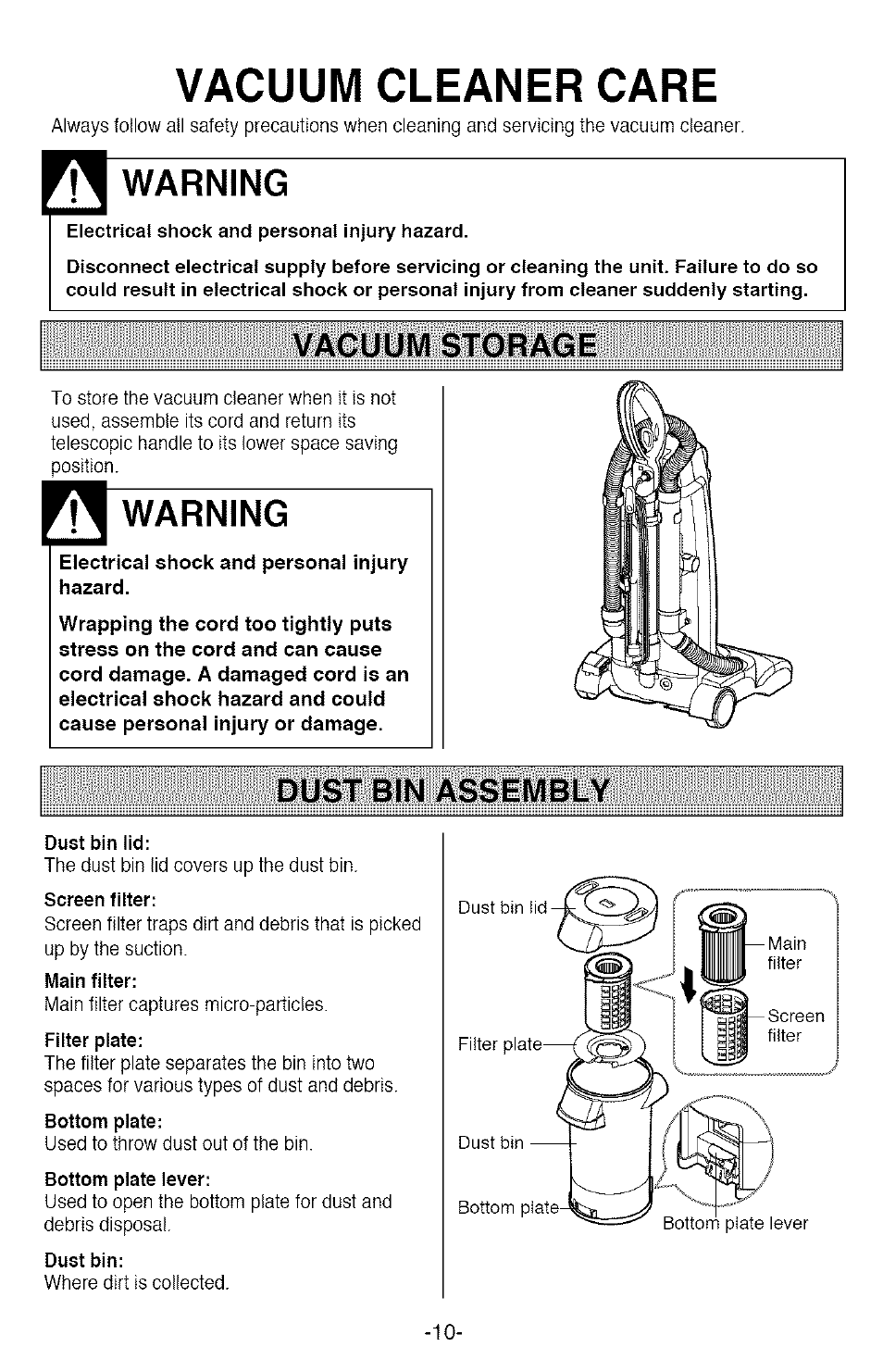 Vacuum storage, Dust bin assembly, Dustbin assembly | Vacuum cleaner care, Warning | Kenmore 721.358205 User Manual | Page 10 / 36