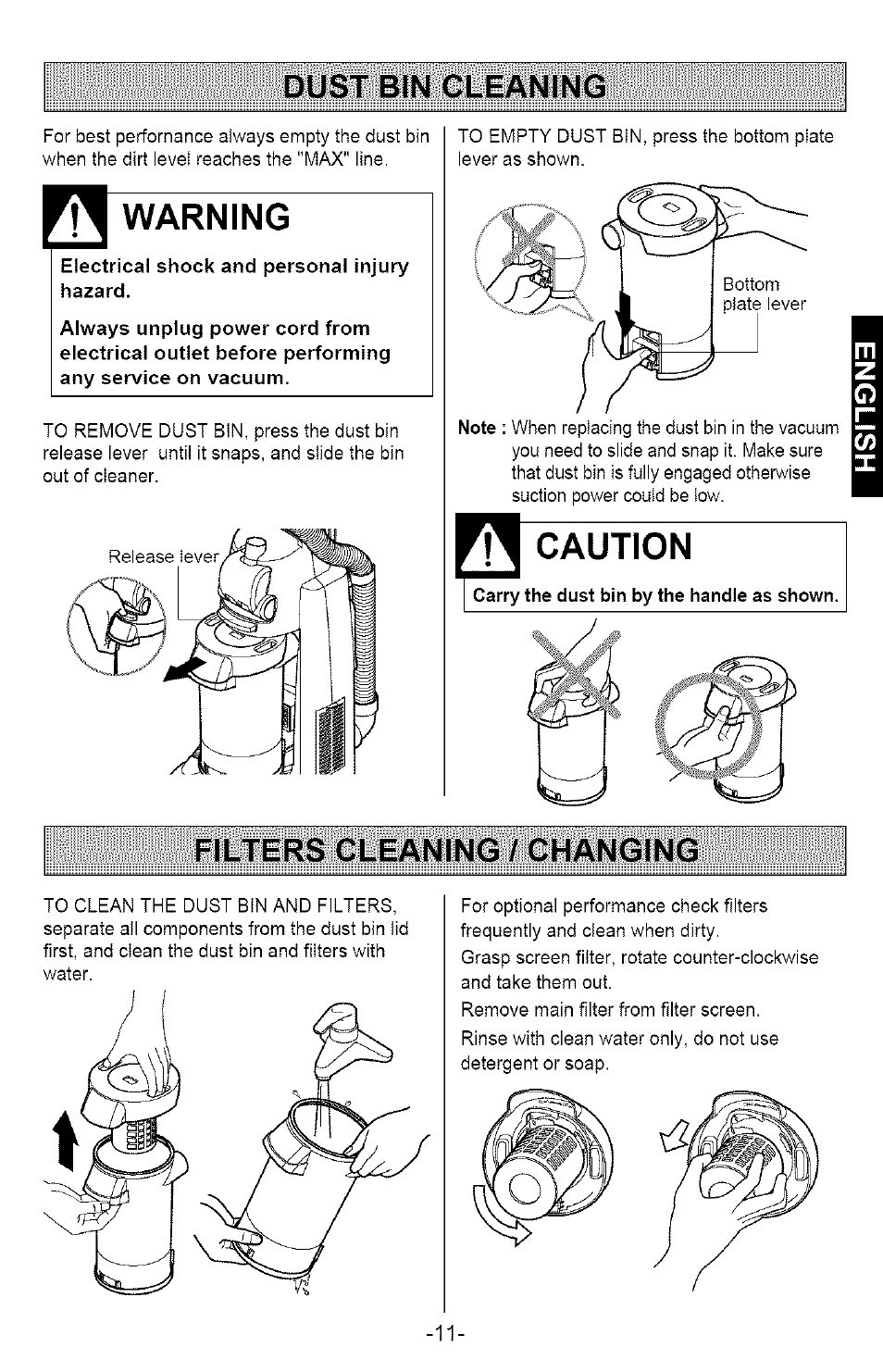 Dust bin cleaning, Warning, Caution | Filters cleaning / changing, Dustbin cleaning | Kenmore 721.358205 User Manual | Page 11 / 36