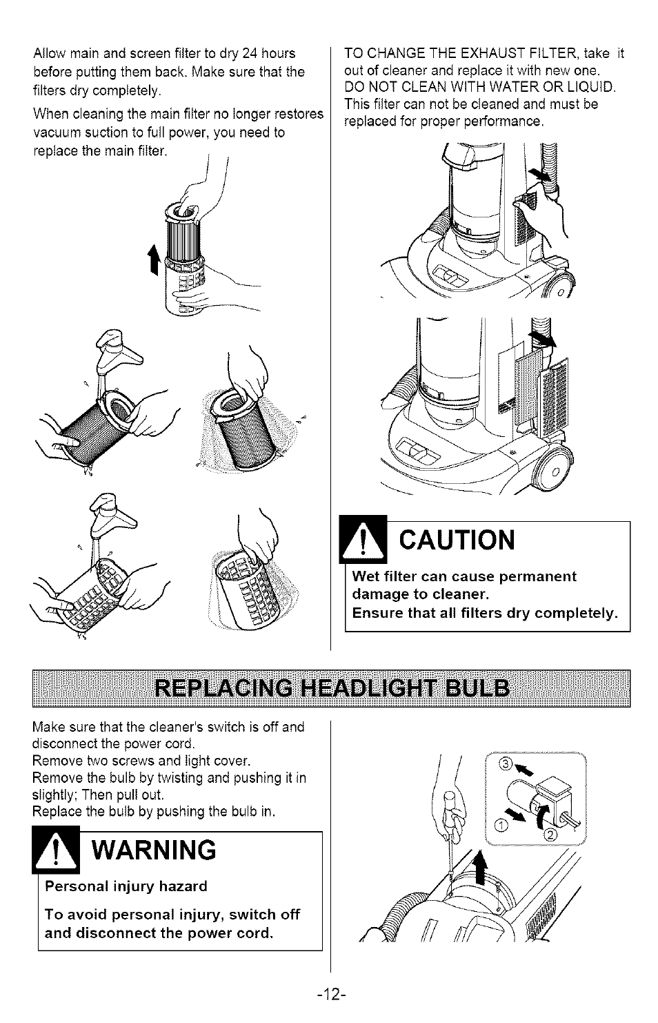 Caution, Replacing headlight bulb, Warning | Kenmore 721.358205 User Manual | Page 12 / 36