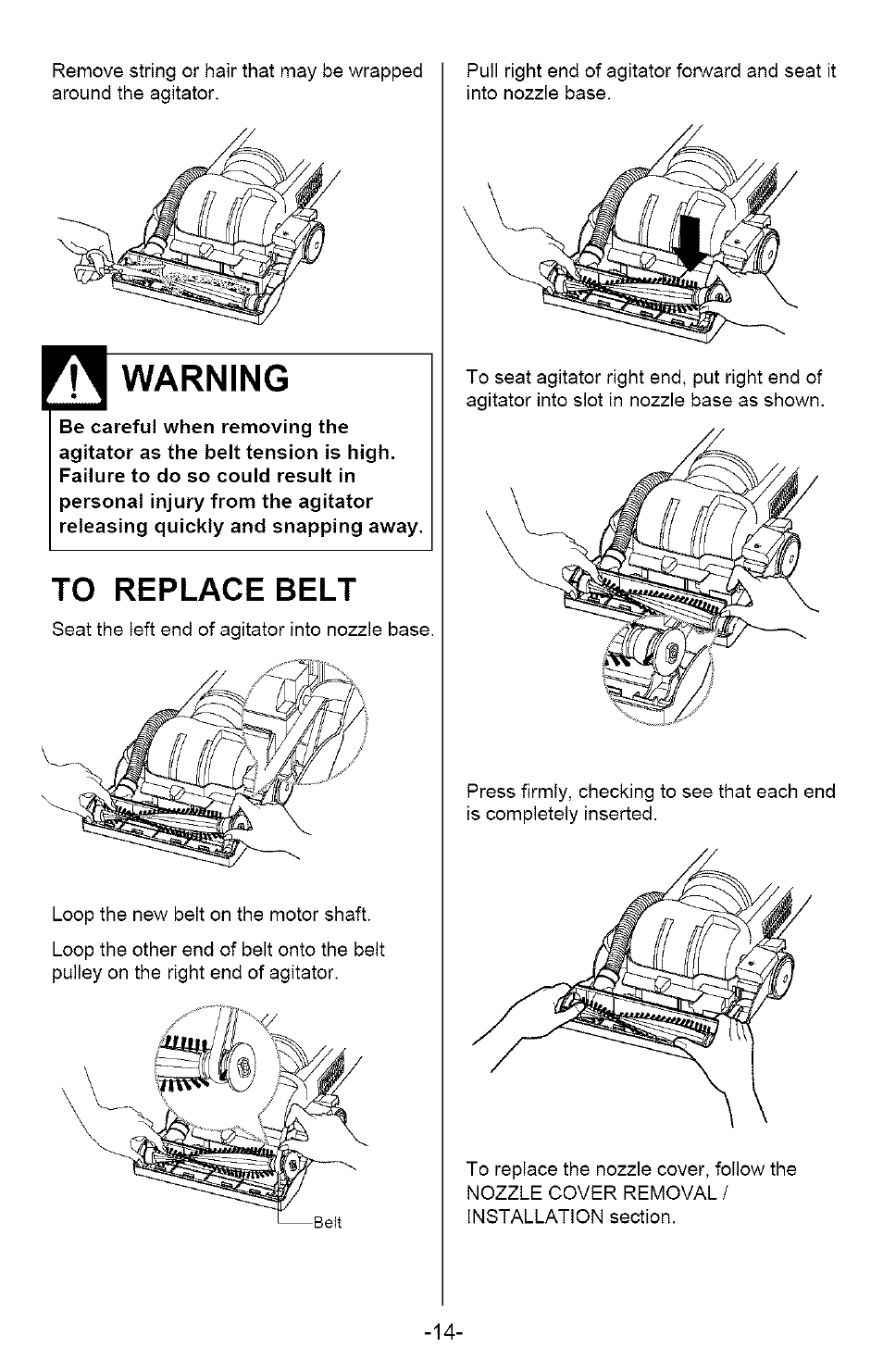 Warning, To replace belt | Kenmore 721.358205 User Manual | Page 14 / 36