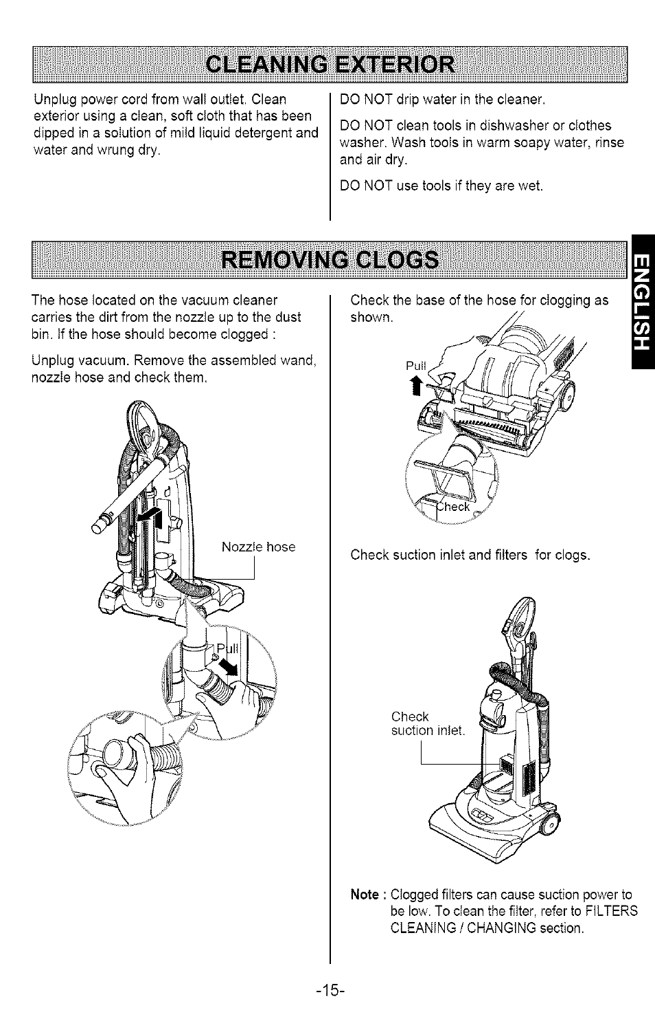 Cleaning exterior, Removing clogs | Kenmore 721.358205 User Manual | Page 15 / 36