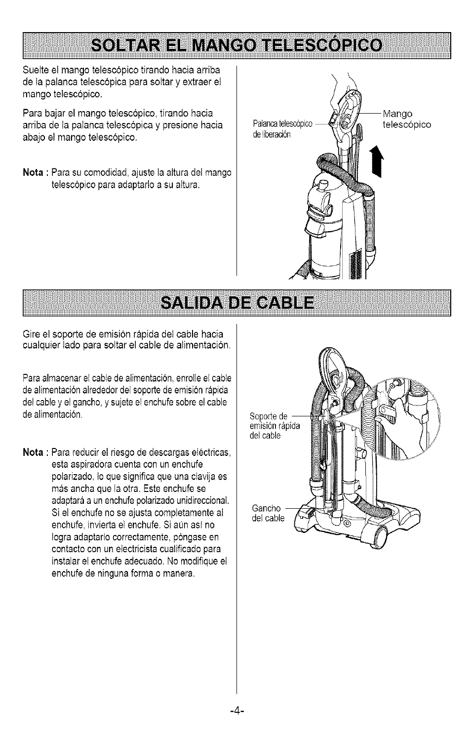 Soltar el mango telescopico, Salida de cable, S oltar el m ango telescópico | S alida del cable | Kenmore 721.358205 User Manual | Page 22 / 36