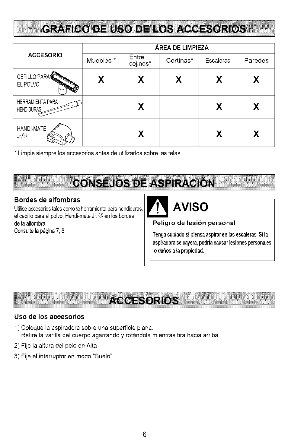 Grafico de uso de los accesorios, Consejos de aspiracion, Accesorios | G ráfico de uso de los accesorios, C onsejos de aspiración, A ccesorios, Aviso | Kenmore 721.358205 User Manual | Page 24 / 36