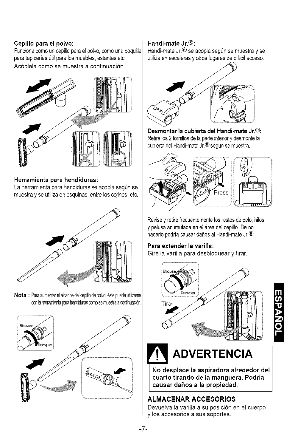 Advertencia, Almacenar accesorios | Kenmore 721.358205 User Manual | Page 25 / 36