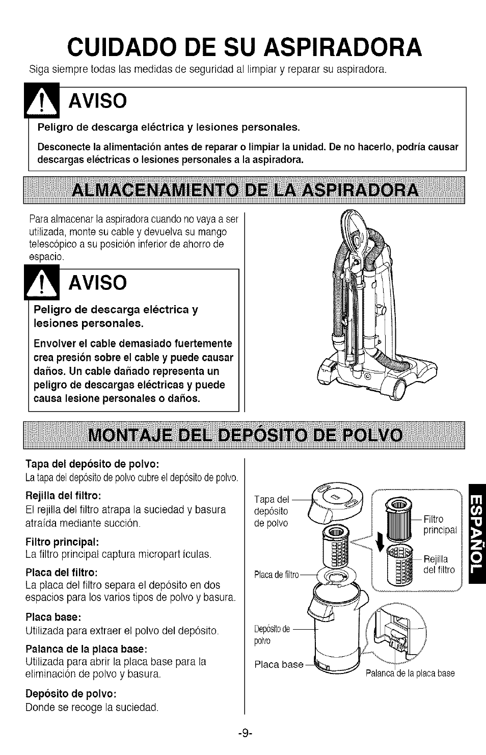 Almacenamiento de la aspiradora, Montaje del deposito de polvo, Montaje del depósito de polvo | Cuidado de su aspiradora, Aviso | Kenmore 721.358205 User Manual | Page 27 / 36