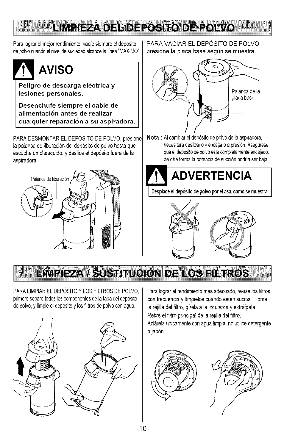 Limpieza del deposito de polvo, Aviso, Advertencia | Limpieza / sustitución de los filtros, Limpieza del depósito de polvo | Kenmore 721.358205 User Manual | Page 28 / 36