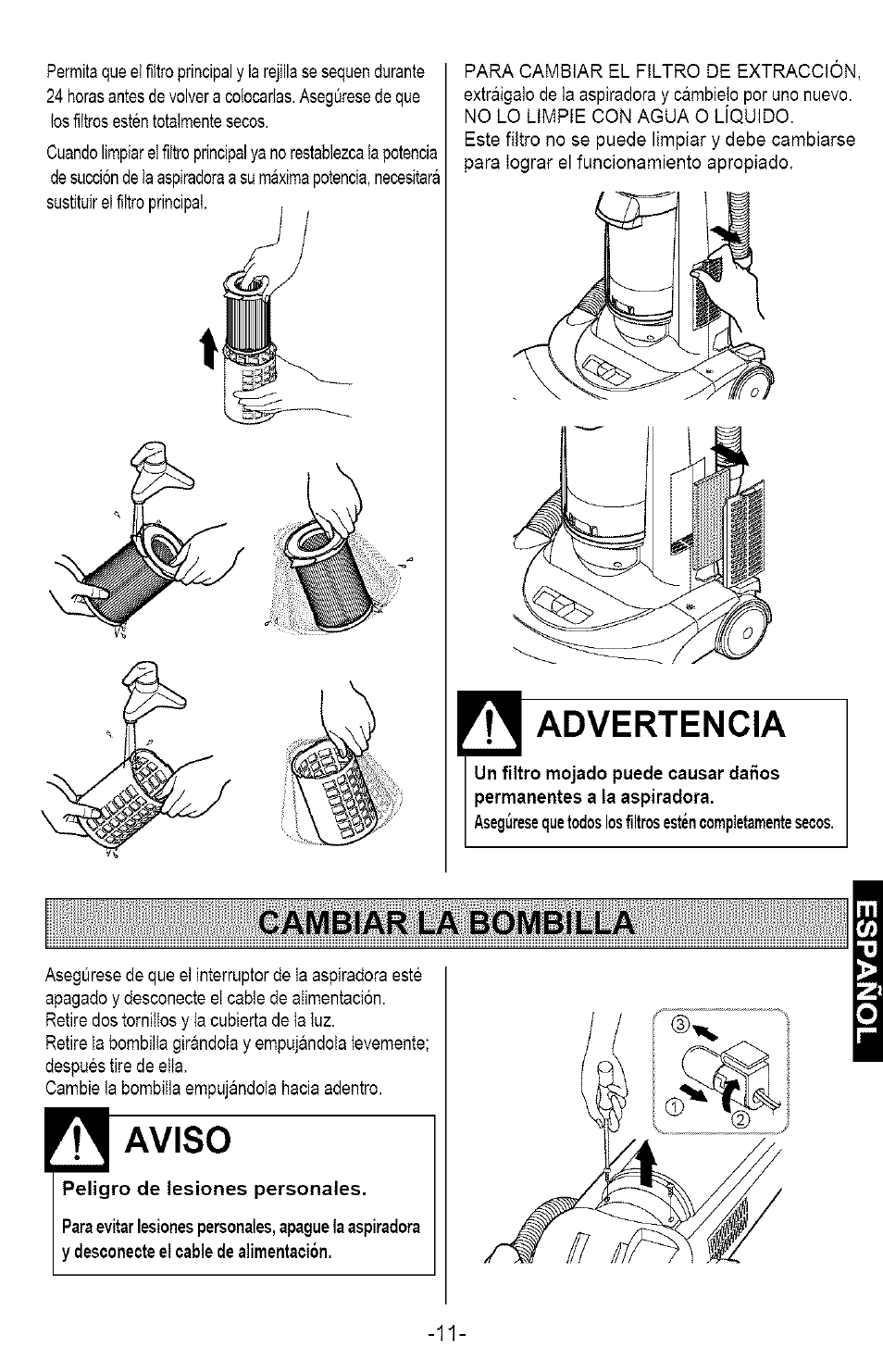 Advertencia, Cambiar la bombilla, Aviso | Kenmore 721.358205 User Manual | Page 29 / 36