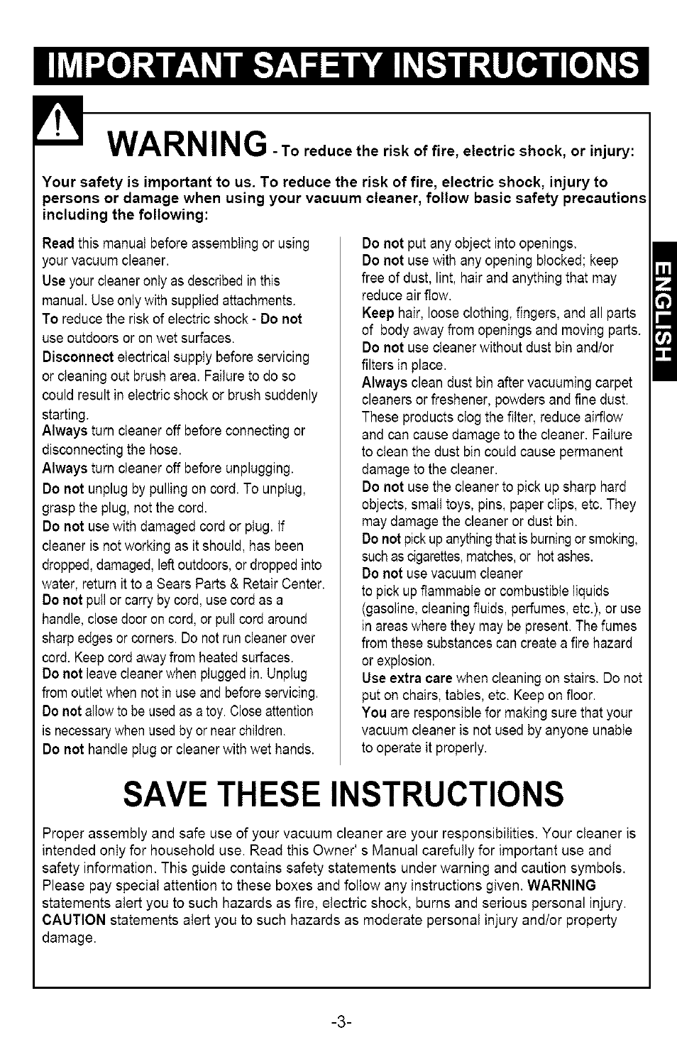 Important safety instructions, Warning, Save these instructions | Kenmore 721.358205 User Manual | Page 3 / 36