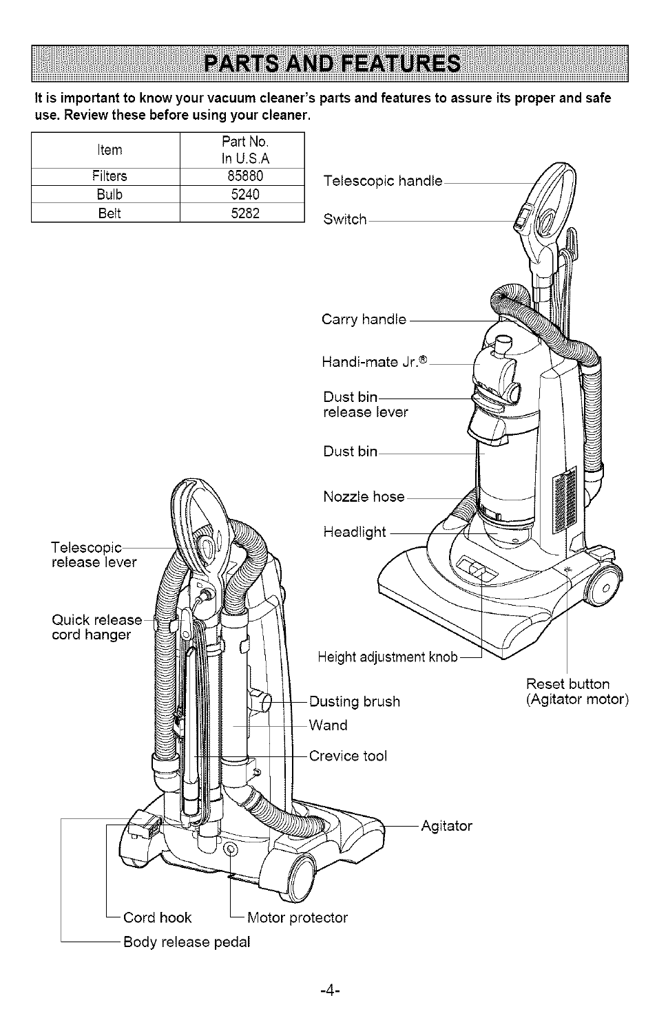 Parts and features | Kenmore 721.358205 User Manual | Page 4 / 36