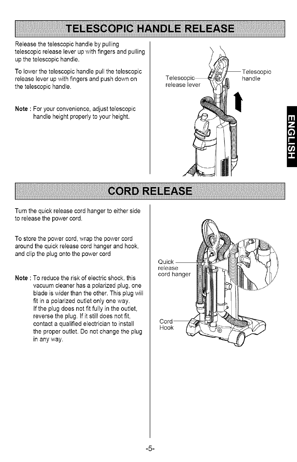 Telescopic handle release, Cord release | Kenmore 721.358205 User Manual | Page 5 / 36