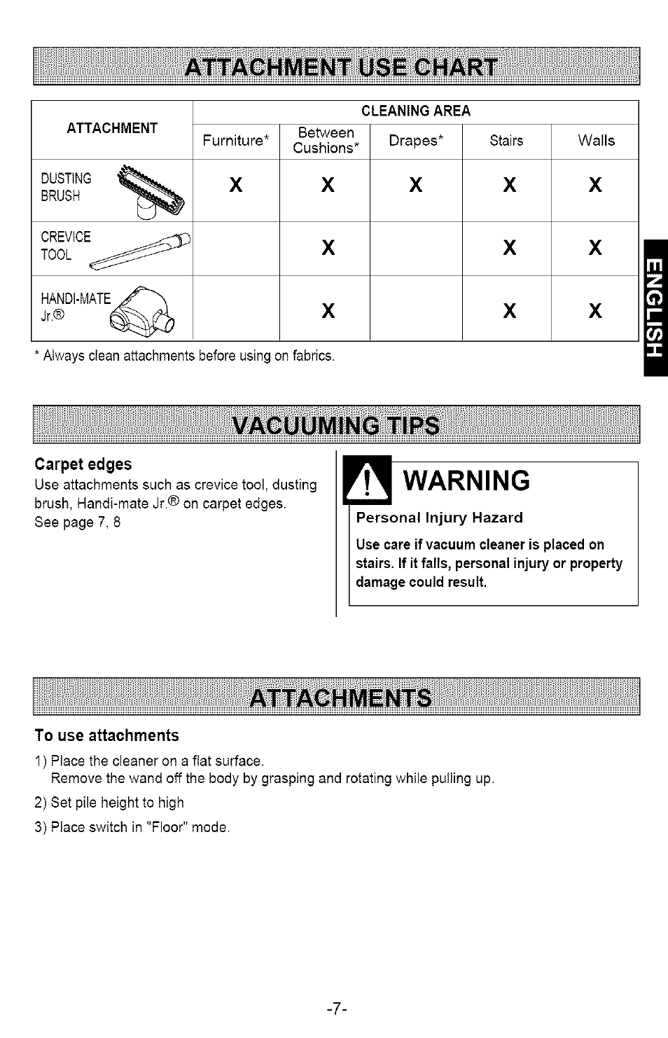 Attachment use chart, Vacuuming tips, Warning | Attachments, A ttachm ent u se c hart, V acuum ing t ips, A ttachm ents | Kenmore 721.358205 User Manual | Page 7 / 36