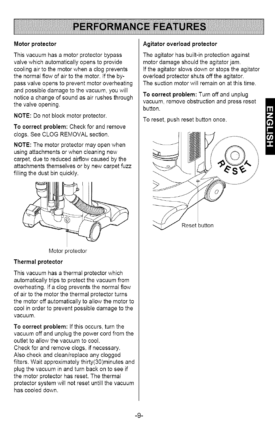 Performance features, P erform ance f eatures | Kenmore 721.358205 User Manual | Page 9 / 36