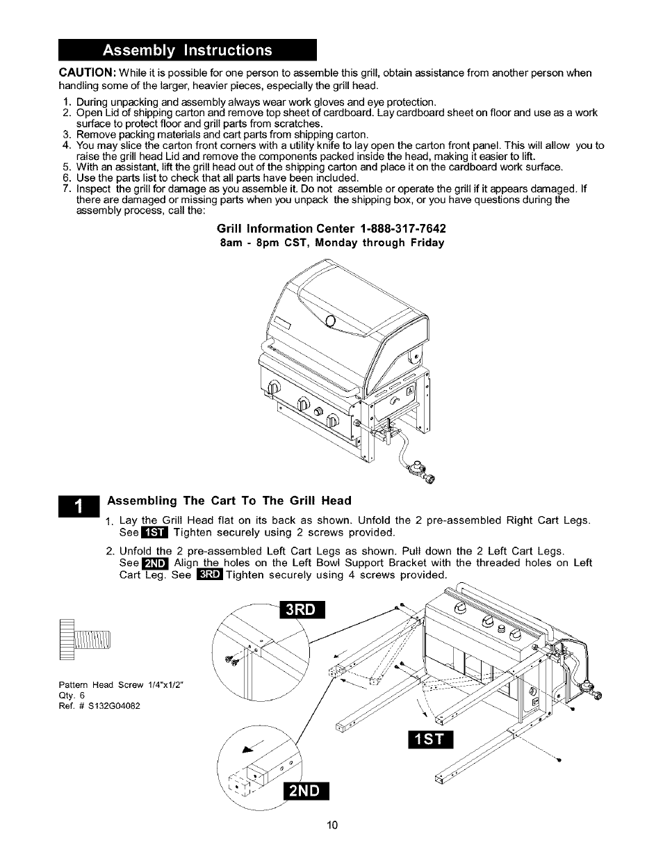 Assembly instructions, Caution, Assembling the cart to the grill head | Kenmore 141.16223 User Manual | Page 10 / 34