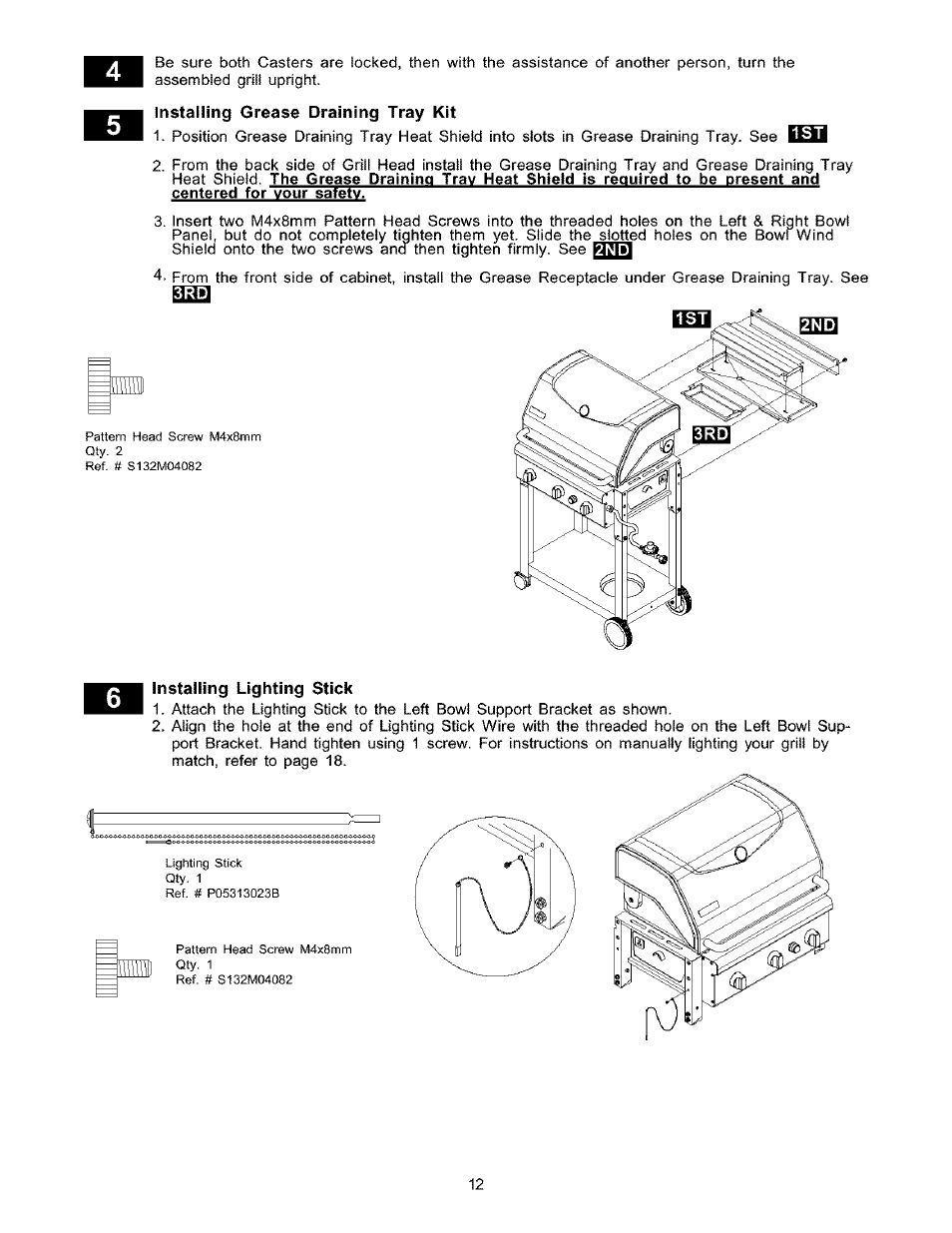 Installing grease draining tray kit, Installing lighting stick | Kenmore 141.16223 User Manual | Page 12 / 34