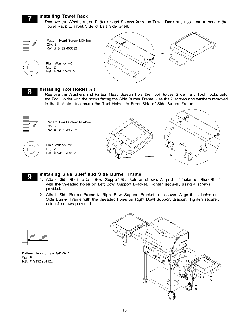 Installing tool holder kit, Installing side shelf and side burner frame | Kenmore 141.16223 User Manual | Page 13 / 34