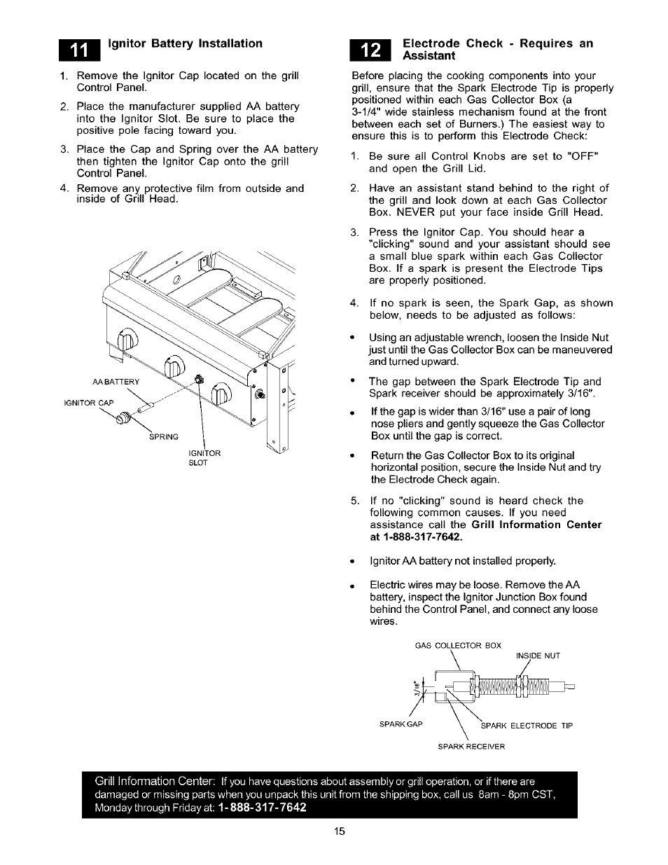 Ignitor battery installation, Electrode check assistant requires an | Kenmore 141.16223 User Manual | Page 15 / 34