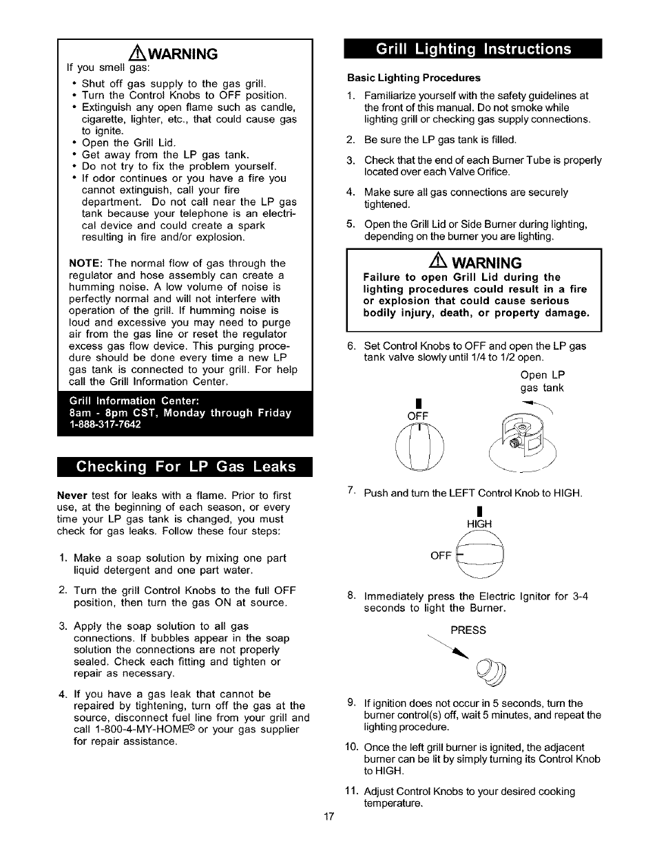 Checking for lp gas leaks, Grill lighting instructions, Warning | Kenmore 141.16223 User Manual | Page 17 / 34