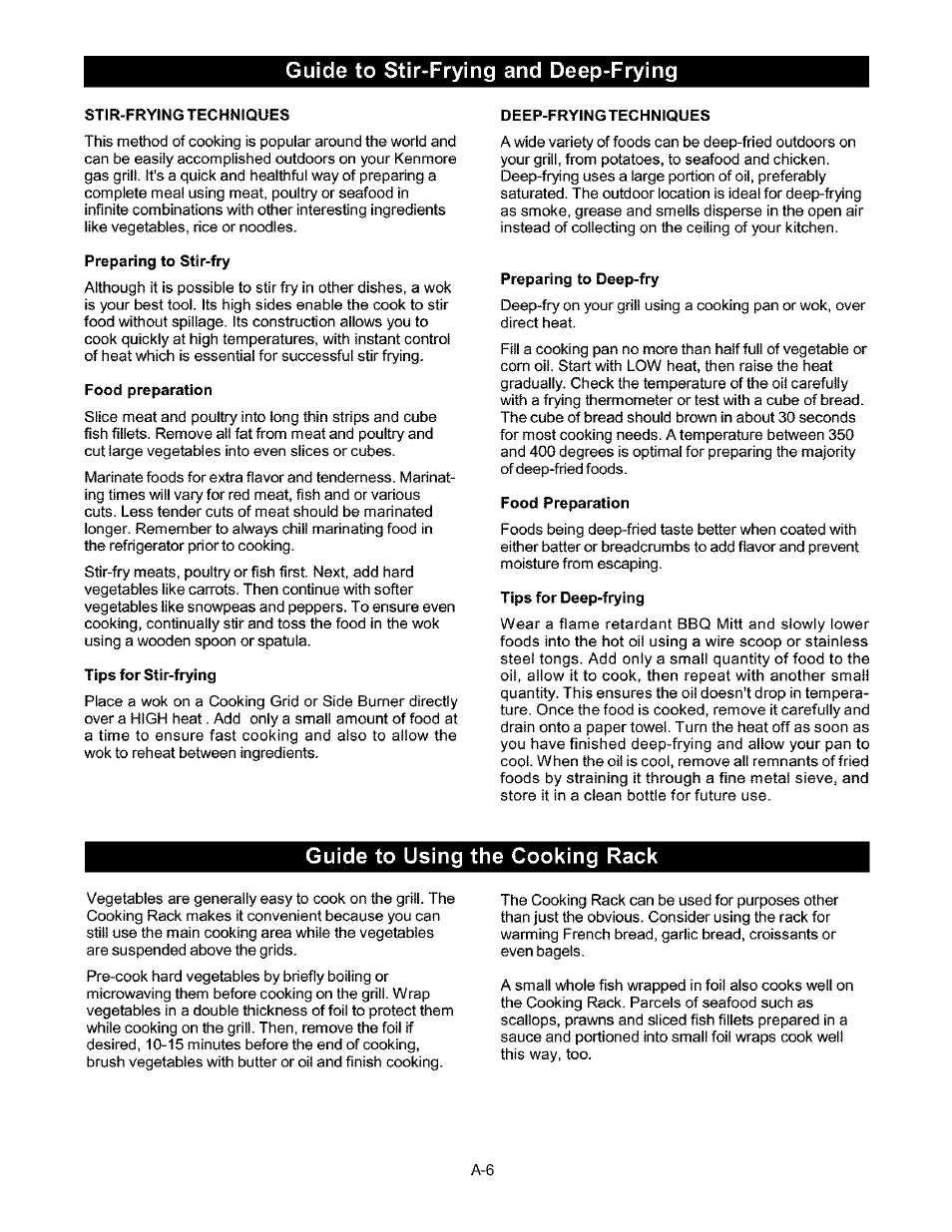 Guide to stir-frying and deep-frying, Guide to using the cooking rack | Kenmore 141.16223 User Manual | Page 27 / 34