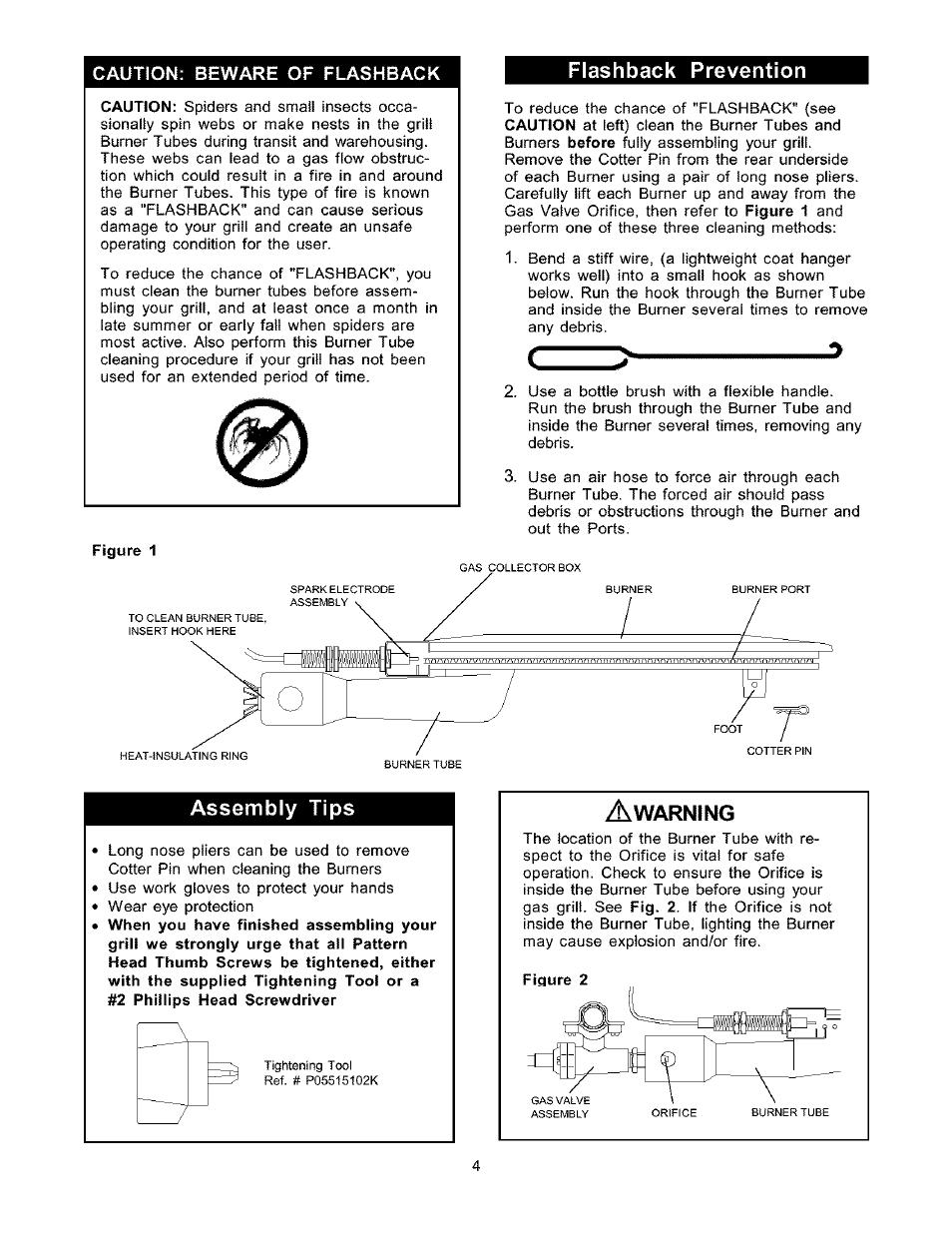 Caution: beware of flashback, Flashback prevention, Assembly tips | Kenmore 141.16223 User Manual | Page 4 / 34