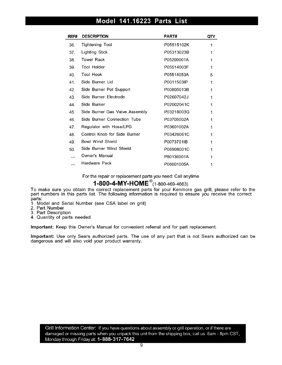 800-4-my-home | Kenmore 141.16223 User Manual | Page 9 / 34