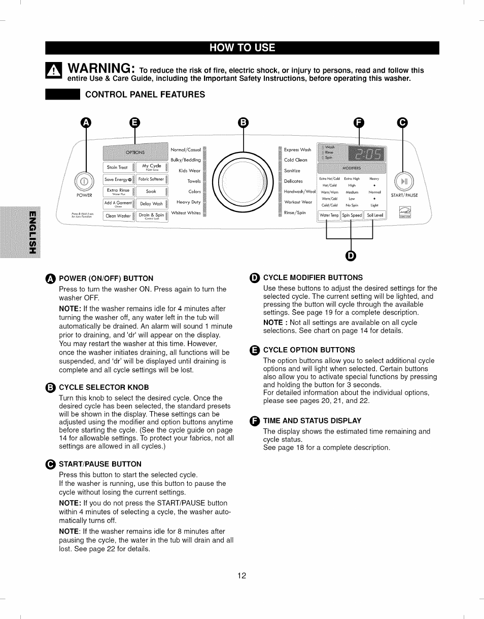 Control panel features, 0 power (on/off) button, 0 cycle selector knob | 0 start/pause button, 0 cycle modifier buttons, 0 cycle option buttons, 0 time and status display, Cycle modifier buttons cycle option buttons -22, Warning, How to use | Kenmore ELITE 796.292796 User Manual | Page 12 / 92