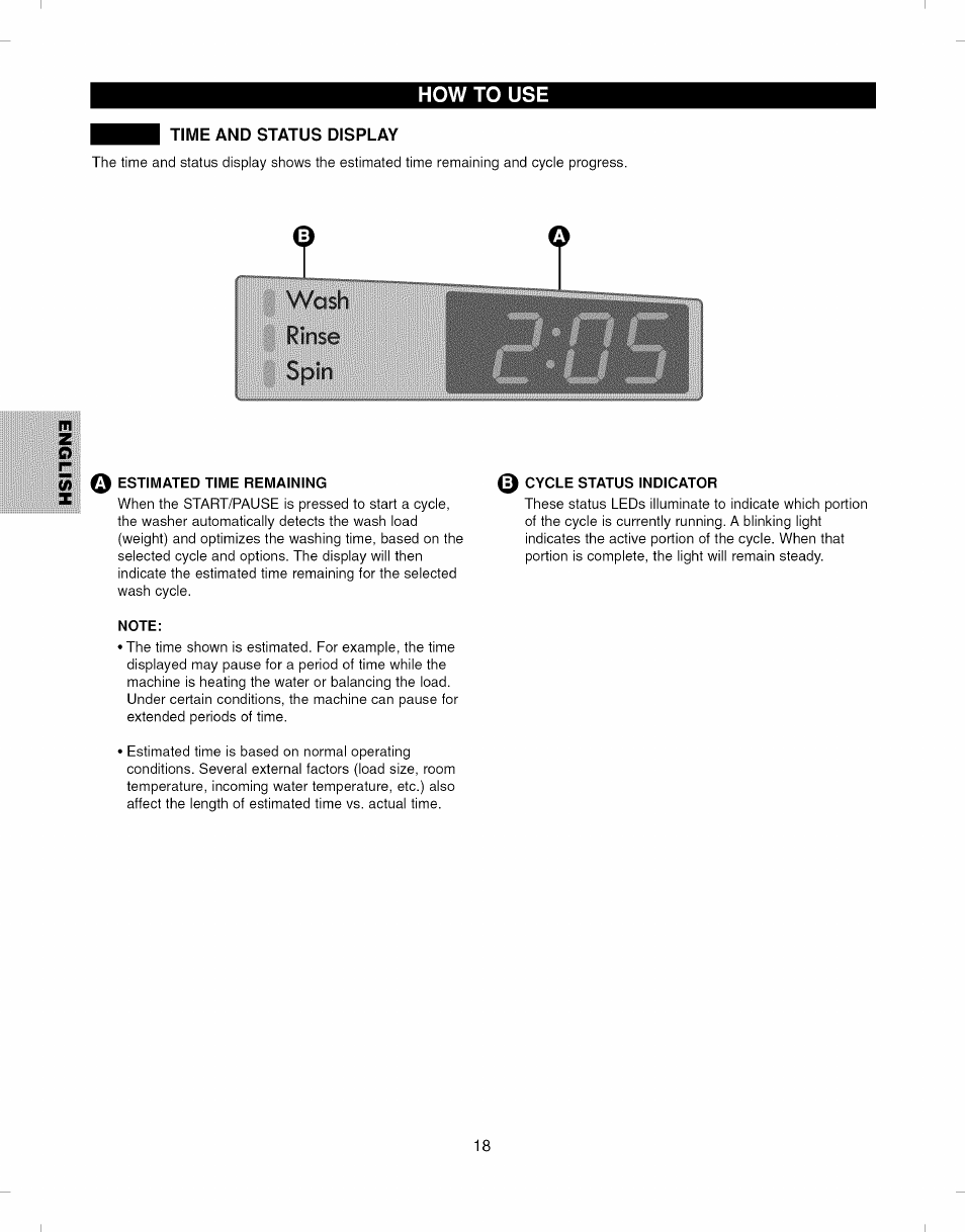 Time and status display, Q estimated time remaining, Note | 0 cycle status indicator | Kenmore ELITE 796.292796 User Manual | Page 18 / 92