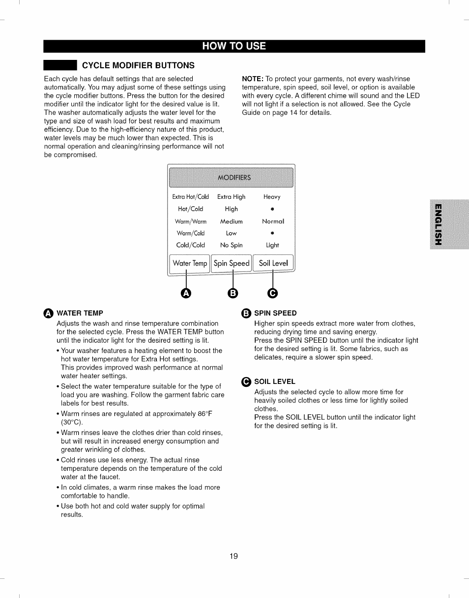 O water temp, 0 spin speed, 0 soil level | How to use, Speed | Kenmore ELITE 796.292796 User Manual | Page 19 / 92