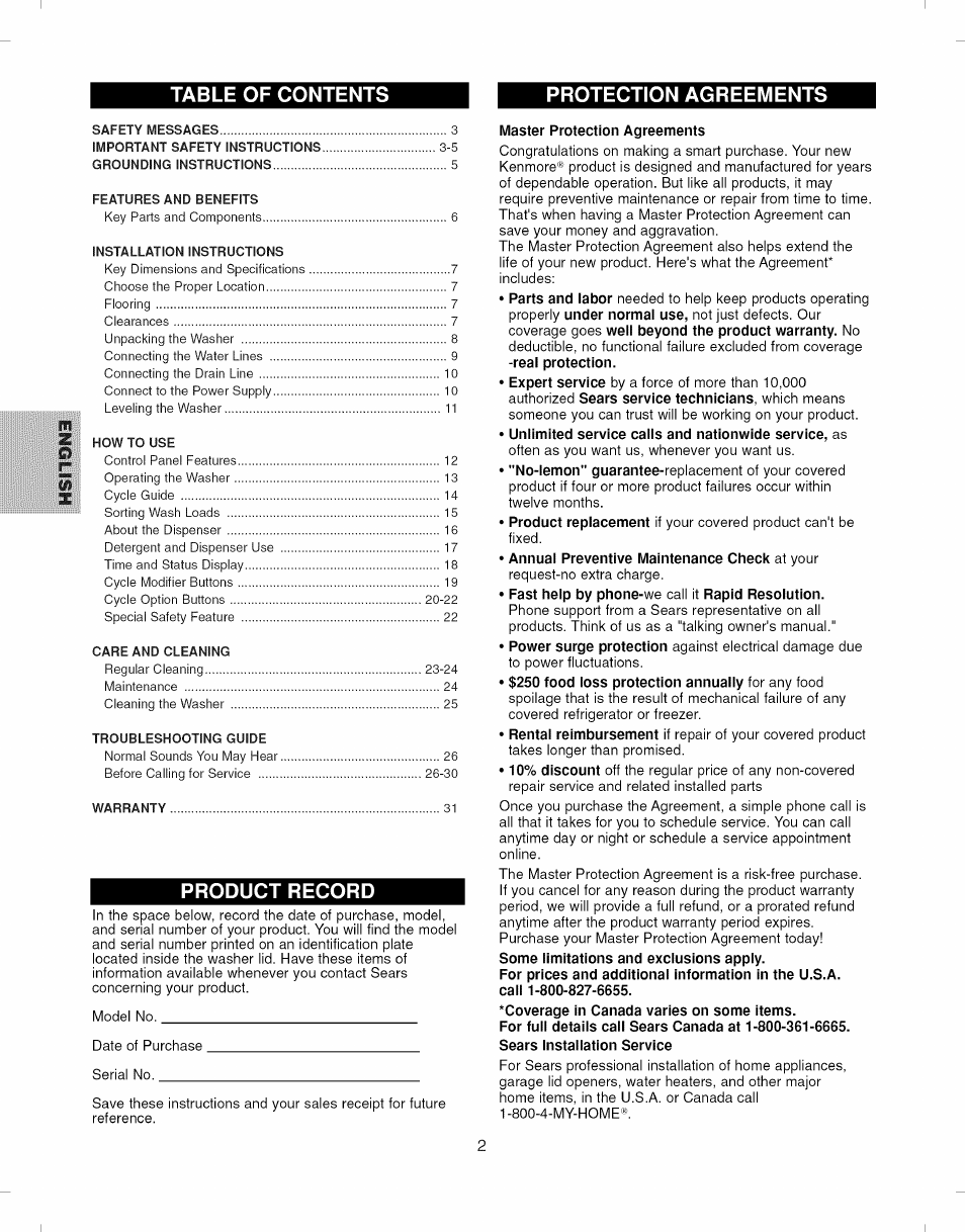 Master protection agreements, Unlimited service calls and nationwide service, as, Fast help by phone-we call it rapid resolution | Some limitations and exclusions apply, Coverage in canada varies on some items, Table of contents protection agreements, Product record | Kenmore ELITE 796.292796 User Manual | Page 2 / 92