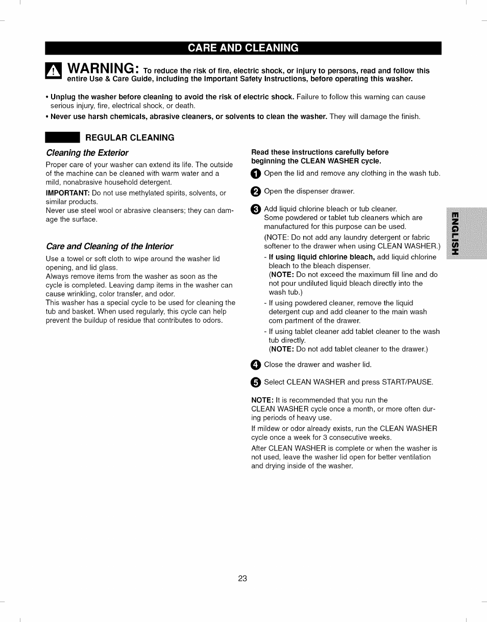 Warning, Care and cleaning, Cleaning the exterior | Care and cleaning of the interior | Kenmore ELITE 796.292796 User Manual | Page 23 / 92