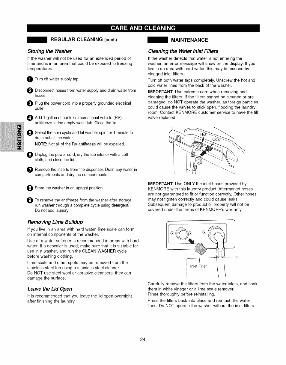 Regular cleaning (cont.), Storing the washer, Cleaning the water inlet filters | Removing lime buildup, Leave the lid open, Operating the washer, Care and cleaning | Kenmore ELITE 796.292796 User Manual | Page 24 / 92