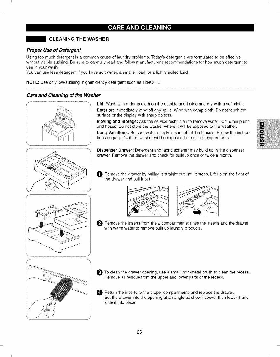 Cleaning the washer proper use of detergent, Care and cleaning of the washer, Care and cleaning | Proper use of detergent | Kenmore ELITE 796.292796 User Manual | Page 25 / 92