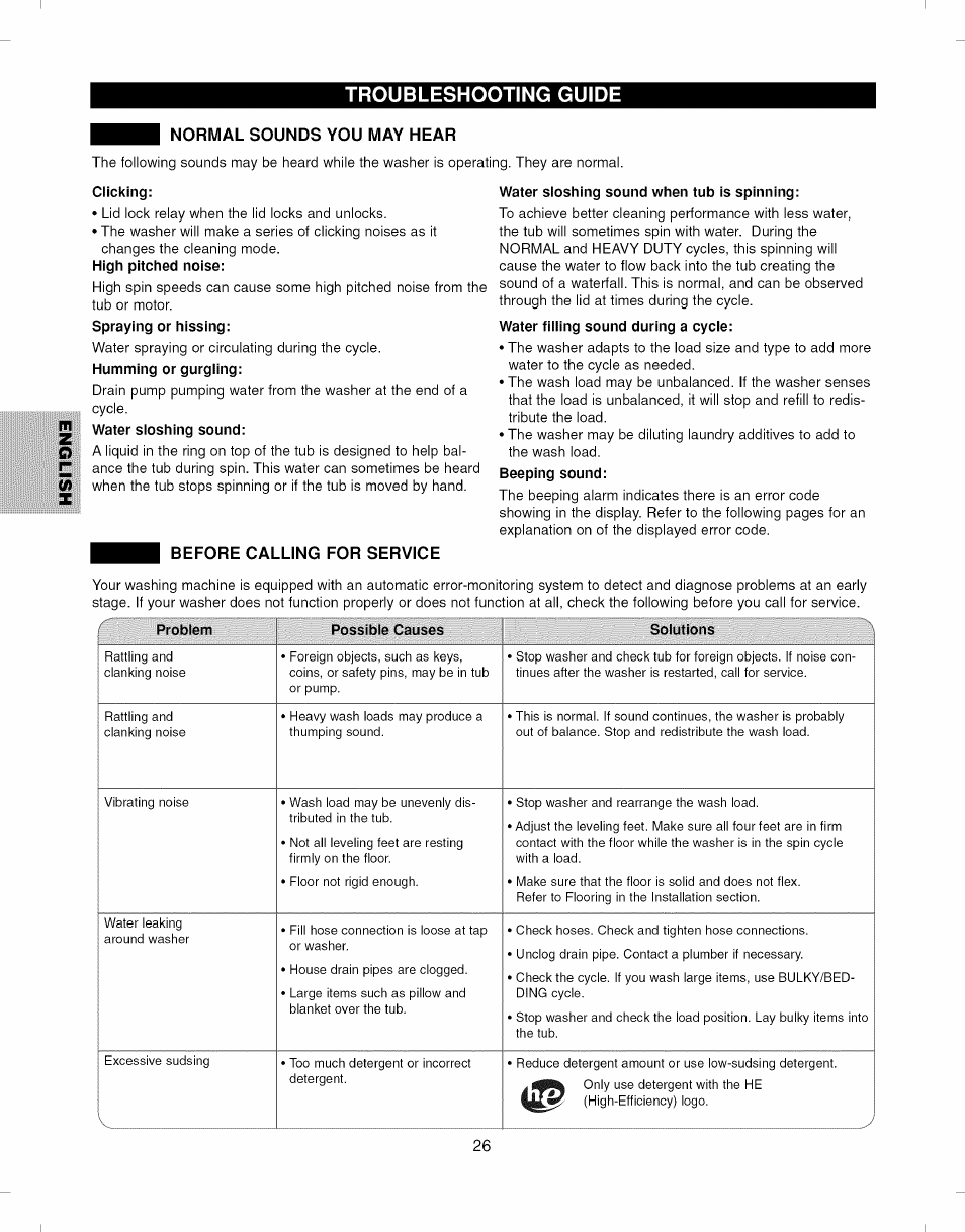 Normal sounds you may hear, Clicking, High pitched noise | Spraying or hissing, Humming or gurgling, Water sloshing sound, Before calling for service, Water sloshing sound when tub is spinning, Water filling sound during a cycle, Beeping sound | Kenmore ELITE 796.292796 User Manual | Page 26 / 92