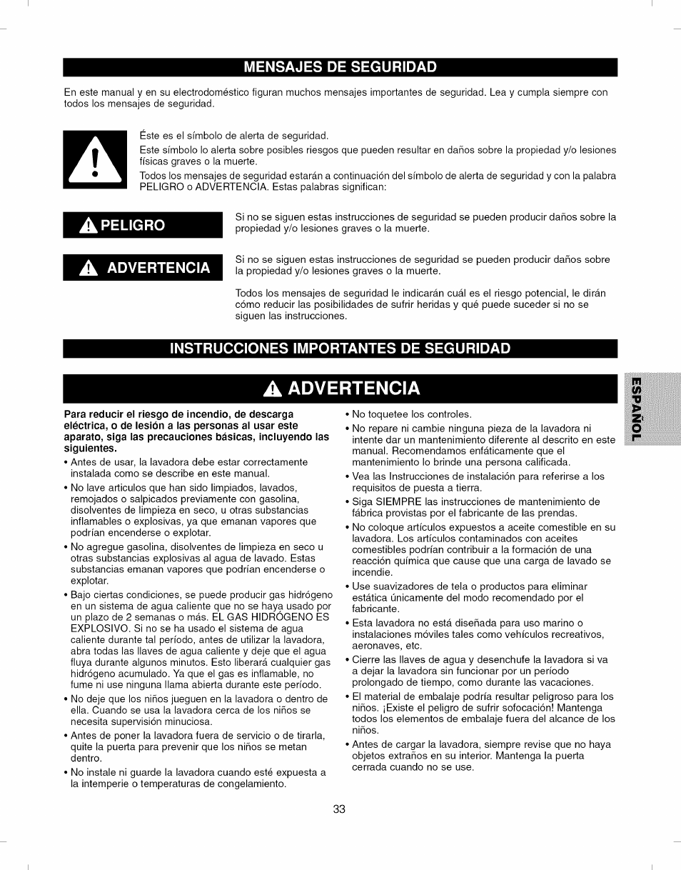 Mensajes de seguridad, A advertencia, Instrucciones importantes de seguridad | Advertencia | Kenmore ELITE 796.292796 User Manual | Page 33 / 92