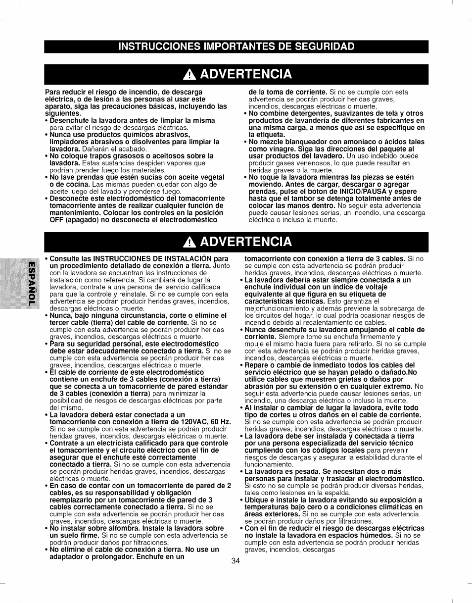 Advertencia, Instrucciones importantes de seguridad | Kenmore ELITE 796.292796 User Manual | Page 34 / 92