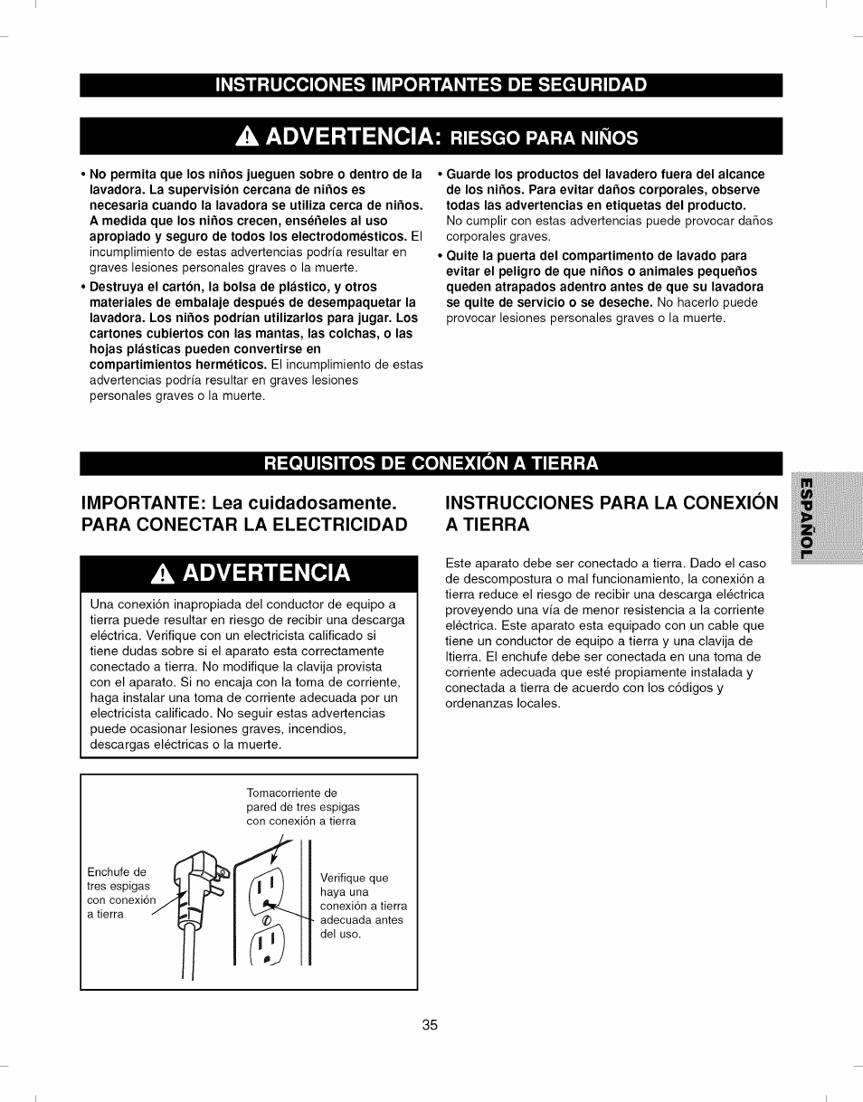 A advertencia: riesgo para niños, Requisitos de conexion a tierra, Instrucciones para la conexion a tierra | Reoulsitos de conexión a tierra, Advertencia, Riesgo | Kenmore ELITE 796.292796 User Manual | Page 35 / 92