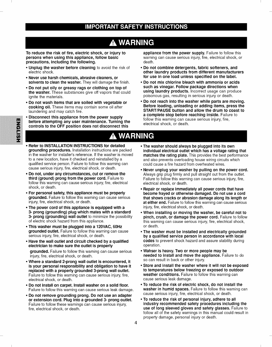 A warning, Warning, Important safety instructions | Kenmore ELITE 796.292796 User Manual | Page 4 / 92