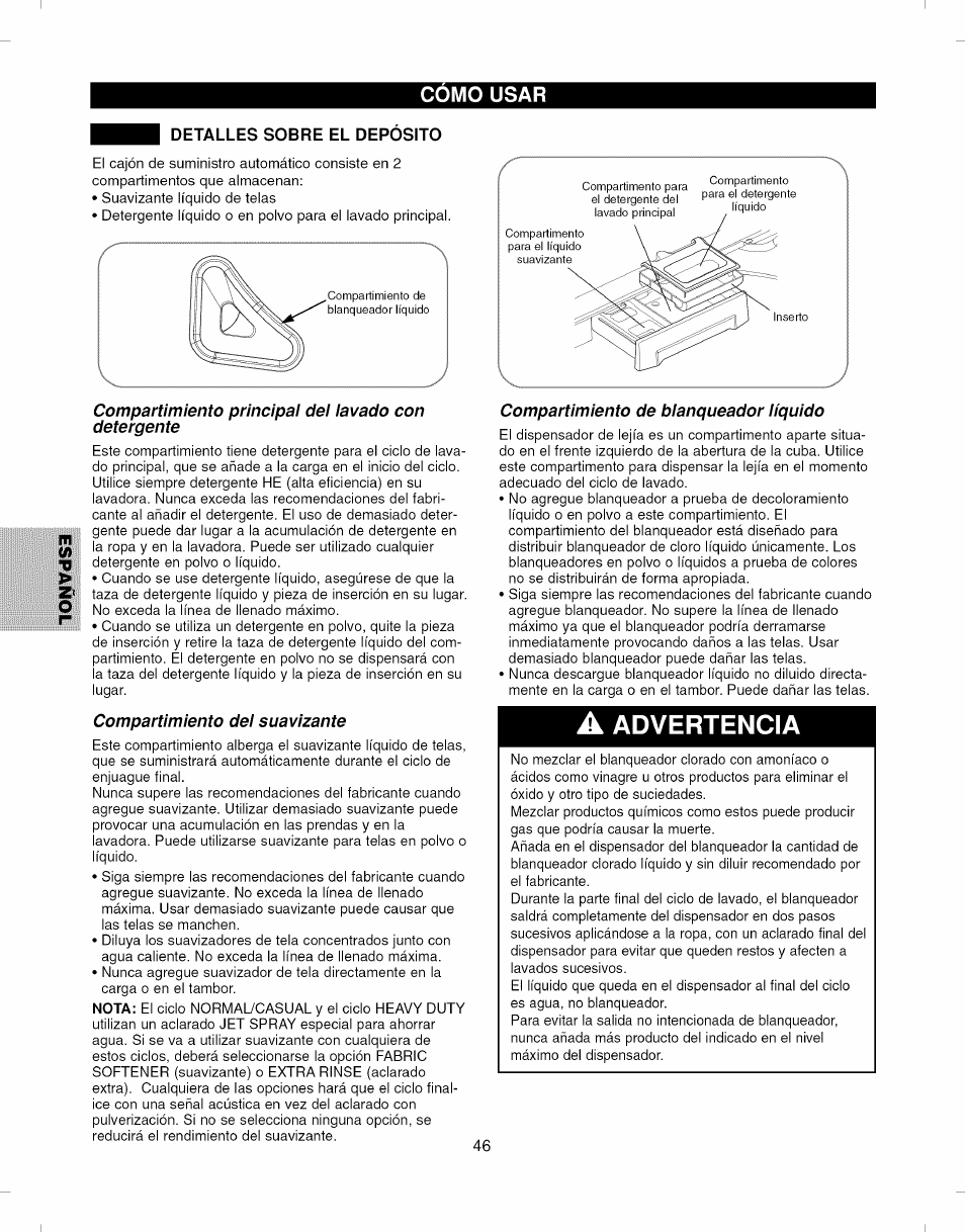 Detalles sobre el deposito, Compartimiento dei suavizante, Compartimiento de bianqueador iíquido | Detalles sobre el depósito, Advertencia, Como usar m | Kenmore ELITE 796.292796 User Manual | Page 46 / 92